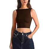 HOYAYO Womens Boat Neck Open Back Crop Top Sleeveless Double-Layer Slim Fit Tank Top Basic T Shirts