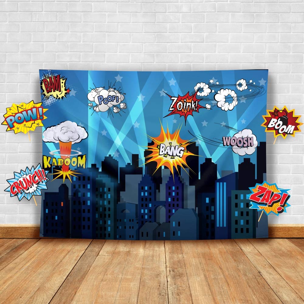Superheroes Theme Party Photography Backdrop with Props. Super Hero Cityscape Photo Booth Background for Kids Party, Birthday Wall Decorations