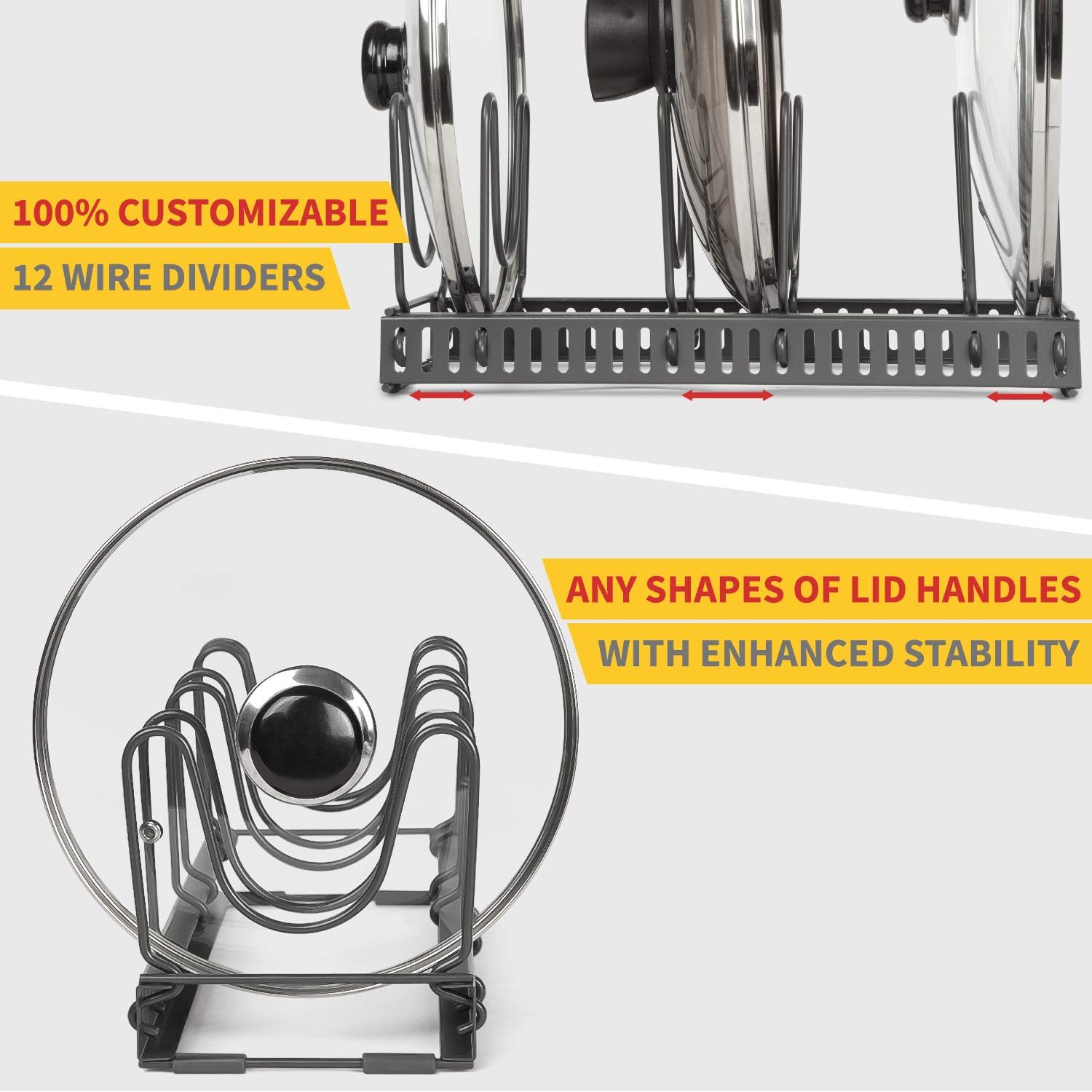 BTH 12+ Expandable Pan & Pot Lid Organizer Rack : Total 12 Adjustable Compartments, Store All Shapes of Lid Handles Securely, Kitchen Cabinet Countertop (Dark Gray) -