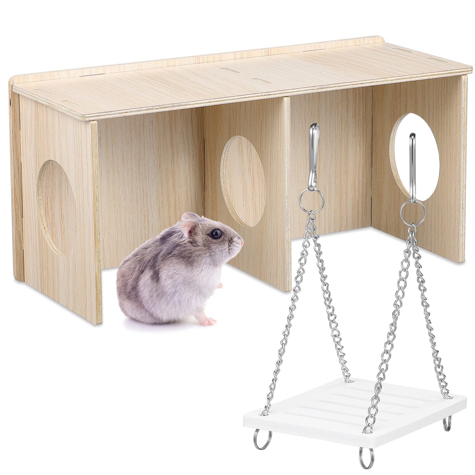 POPETPOP Hamster Hide 2 Pieces Hamster Wood House with Hanging Natural Wooden Swing Set Guinea Pig Toys Hiding House for Small Animals Habitat Decor