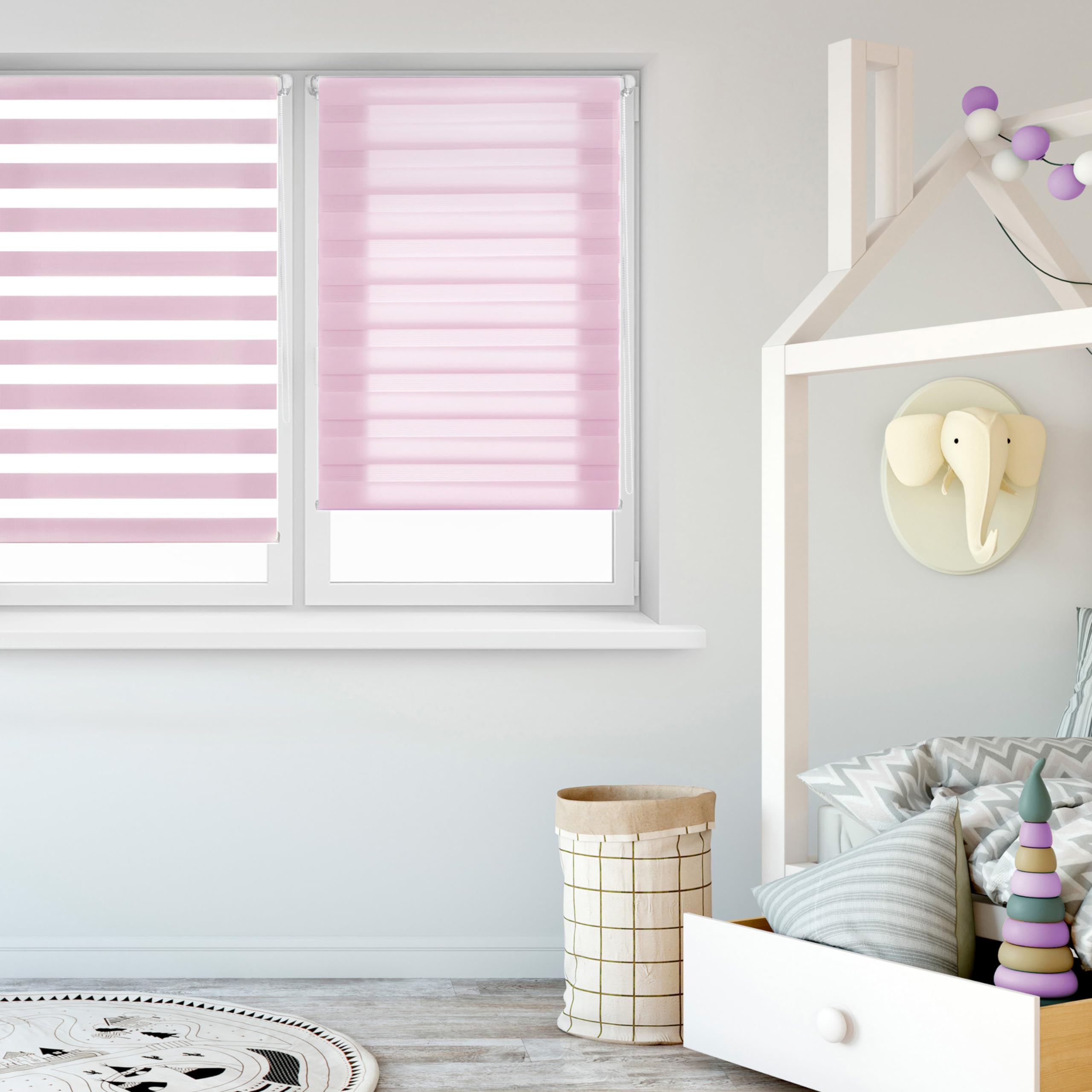 Blindecor - Indus "NO TOOLS REQUIRED". Double layered roller blind, Night and Day. Pink. 37x180 cm (width x length)