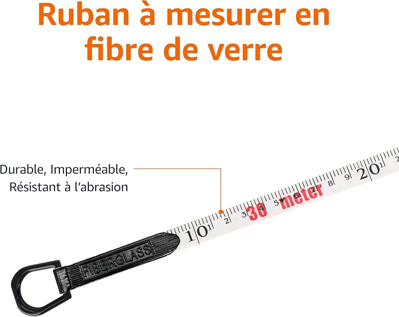 Mètre ruban en fibre de verre à bobine ouverte résistant aux impacts - 30 m/100 pieds par 0,5 pouce, pouces/mètres, Vine, Orange