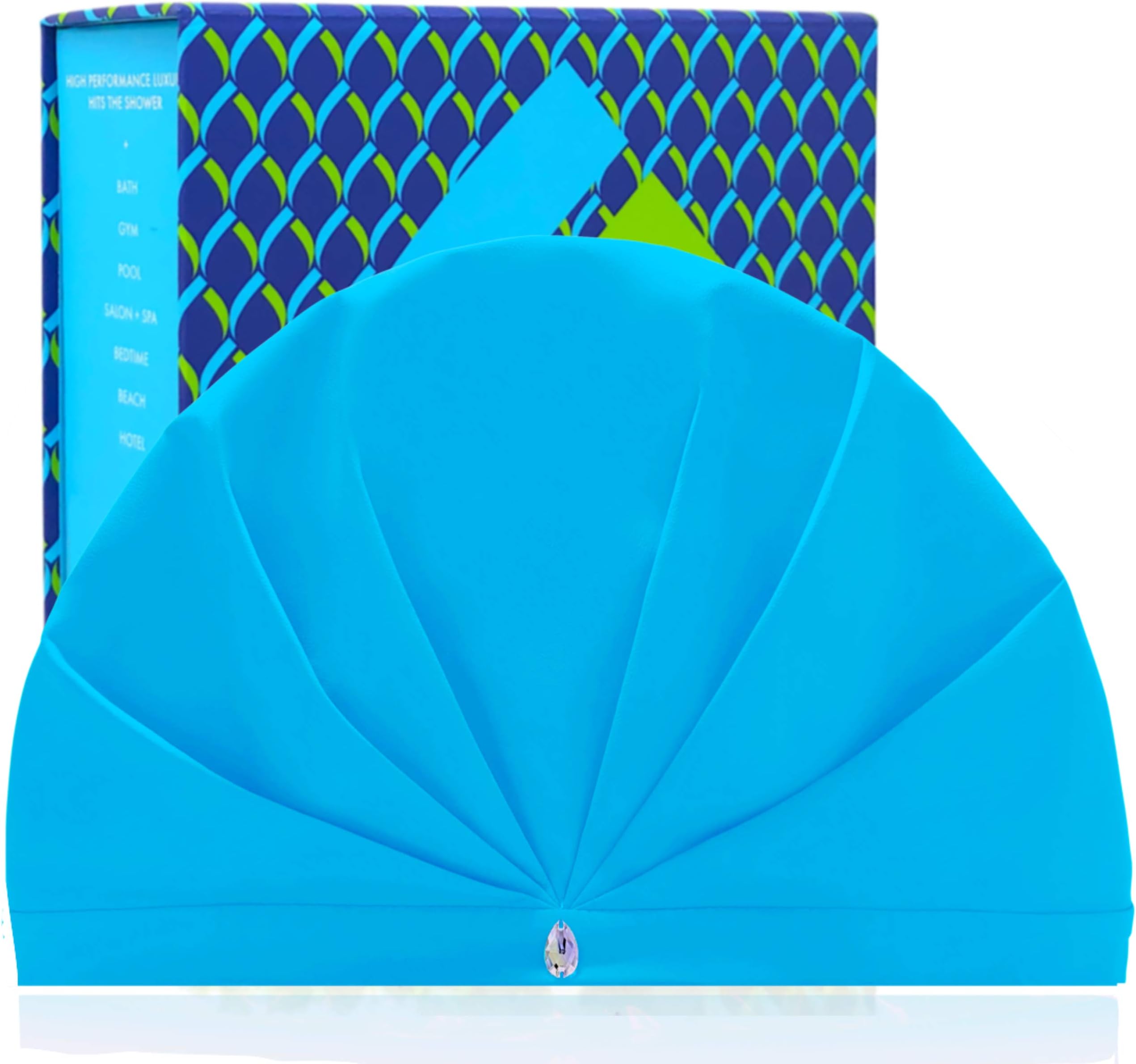 TURBELLA SHOWER CAP TURBAN for Women | Luxury Waterproof Breathable Fabric Releases Humidity To Stop Frizz | Large for Long Hair | Adjustable Anti-Slip | Washable | Swarovski | Made in USA | GIFT BOX