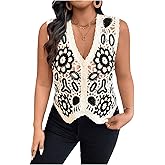 Verdusa Women's Sweater Vest Button Front V Neck Sleeveless Crochet Plaid Checkered Knit Sweater Vest