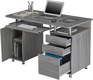 Grey MDF Multifunctional Office Desk with File Cabinet Casual Contemporary Traditional Rectangular MDF Ash Finish Drawers Keyboard Tray