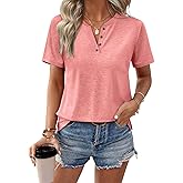 TICTICMIMI Women's V Neck Short Sleeve Tops Summer Casual Cute Loose Fit Button T Shirts