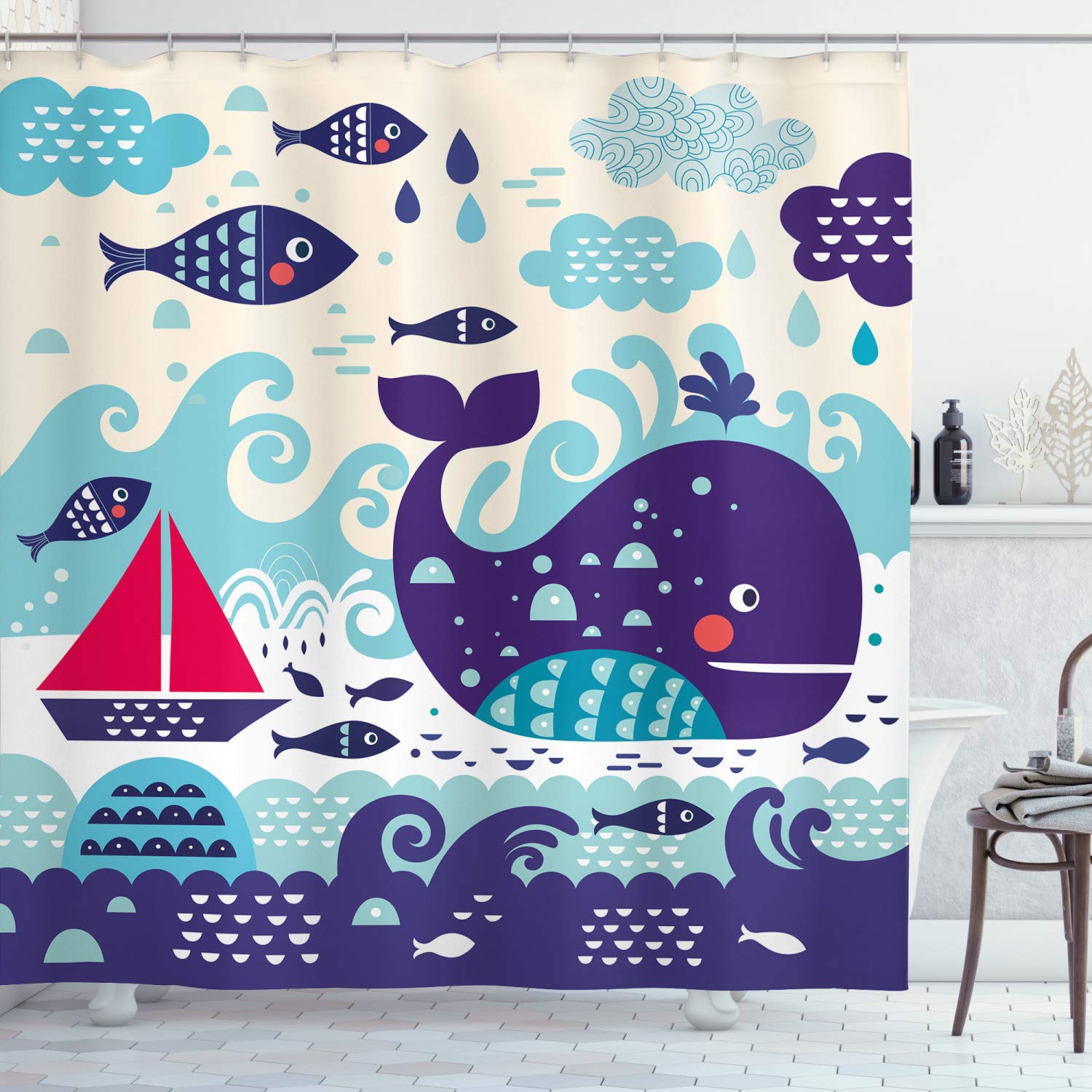 ABAKUHAUS Purple Shower Curtain, Marine Traffic with Whale Sailboat and Fish with Cloud and Waves Nautical Life Print, Cloth Fabric Bathroom Decor Set with Hooks, 70 Inches, Purple