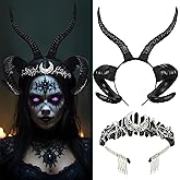 Croloose 1 Pcs Halloween Devil Horns Headband and 1 Pcs Crystal Crown Headband for Adult, Black Demon Horns for Halloween Cosplay Masquerade Party