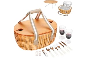STBoo Wicker Picnic Basket for 2 with Large Insulated Cooler Compartment and Folding Table, Cutlery Service Kits, Willow Hamper Set with Woven Handles for Camping, Outdoor, Christmas, Party(Beige)