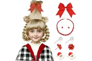 Wiggy Mermaid Kids Blonde Braided Wig with Red-bow Earrings, Christmas Cindy Wig with Accessories for Halloween Christmas Costume Party