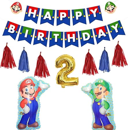 Amazon Co Jp Fun スーパーマリオ 誕生日 飾り付けセット かわいいキャラクター Happybirthdayガーランド 数字バルーン タッセルガーランド マリオ風船 おもちゃ