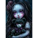 SENQAO Gothic Diamond Painting Kits for Adults, 5D Diamond Art Kits for Beginners, DIY Bear Horror Doll Round Full Diamond Gemstone Art Rhinestone Painting for Wall Decor 12X16 inch