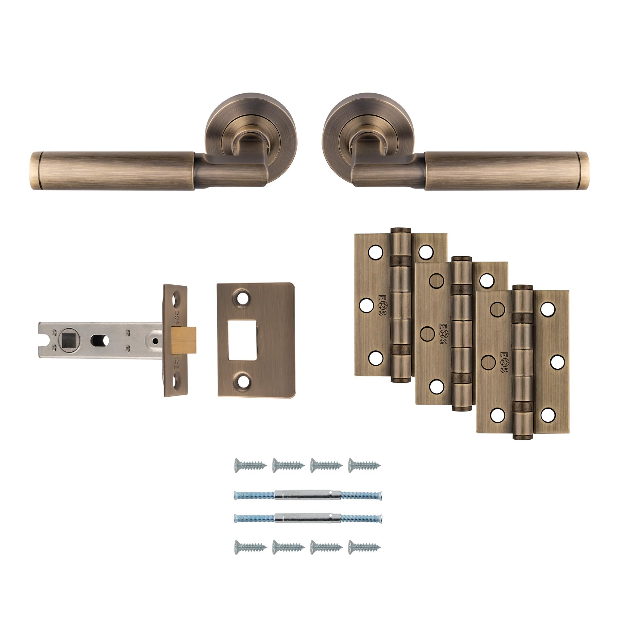 Belas - Ultimate Door Pack - Antique Brass - Including a Pair of Designer Handles, 3X Hinges and a 3" CE Latch -