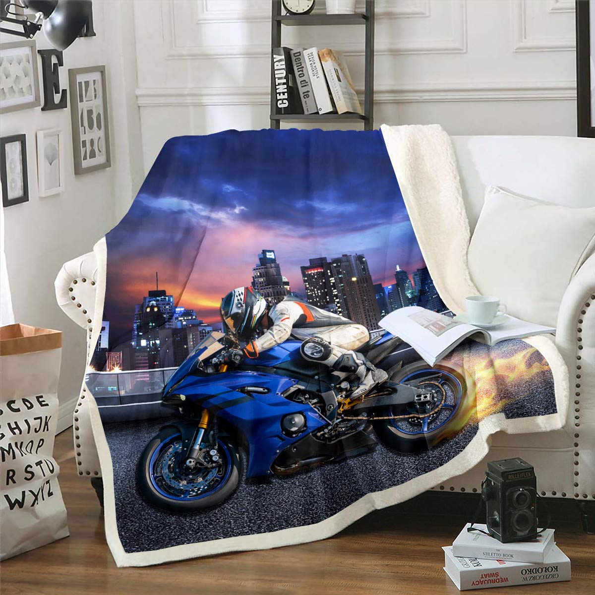 Motorcycle Rider Printed Fleece Blanket Extreme Sports Theme Sherpa Throw Blanket for Bed Sofa Couch Modern City Building Plush Blanket Men Cool Motorbike Fuzzy Blanket Bedroom Decor Double 60"x79"