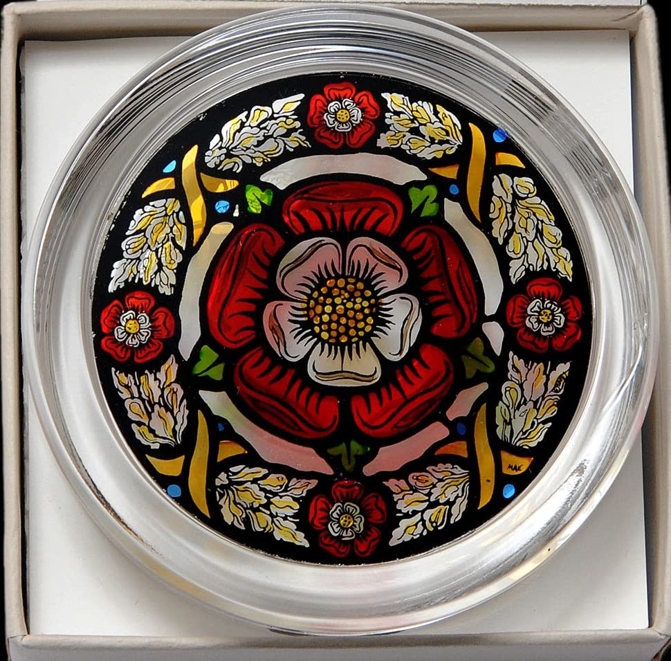 HENSITA Decorative Hand Printed Stained Glass Paperweight in a Medieval Tudor Rose Design
