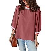 SHEWIN Women's Casual Crewneck Color Block Chiffon Blouses 3/4 Sleeve Length Womens Tops Shirts