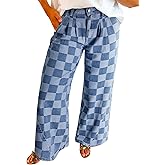Womens Plaid Print Baggy Wide Leg Jeans High Waisted Straight Leg Denim Pants Chessboard Pattern Jeans