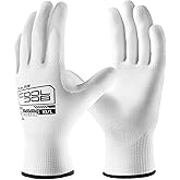 COOLJOB 12/60 Pairs Safety Work Gloves Pack Bulk with Grip PU Coating, 13 Gauge Seamless Knit Gloves with Polyurethane Dipped for Warehouse Working, Breathable Lightweight for Men Women, White Large