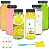 Dayify 6 Pack 8oz Glass Juice Bottles with Lids, 250ml Reusable Glass Juicing Bottles, Square Drinking Jars Drink Containers with Caps for Water, Milk, Ginger, Kombucha, Beverages