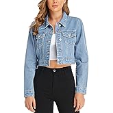PEIQI Women’s Cropped Jean Denim Jacket Button Down Long Sleeve with Pockets