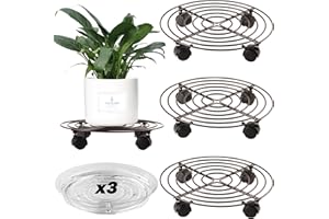 PLANTERHOMA 3 Packs Large Metal Plant Caddy 13.8” Rolling Plant Stands with Wheels Heavy-duty Wrought Iron Plant Dolly with Casters for Indoor and Outdoor Plant Pot Rollers Base Plant Movers Saucers Brown