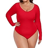 FOREYOND Plus Size Bodysuits for Women Long Sleeve V Neck Bodysuit Sexy One Piece Body Suit Tops
