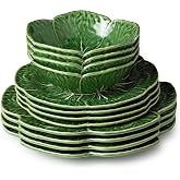 Le Jardin Green Cabbage Plates 12-Piece SET, SERVICE FOR 4 &ndash; Green Stoneware Plates &amp; Bowls with Garden Leaf Design &ndash; Seasonal Tableware for Spring &amp; Summer Dining and Entertaining