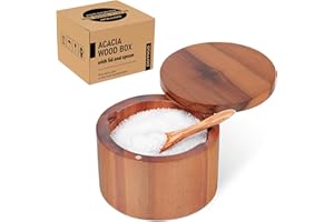 9-Ounce Salt Cellar with Spoon and Swivel Lid, Acacia Wood Spice Box, Salt Keeper, Wood Jar for Kitchen, Perfect for Storing 