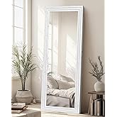 ABSWHLM Full Length Mirror 65"x22" with Stand Solid Wood Frame Floor Large Mirror for Living Room, Bedroom Hanging Standing or Leaning Wall-Mounted, White