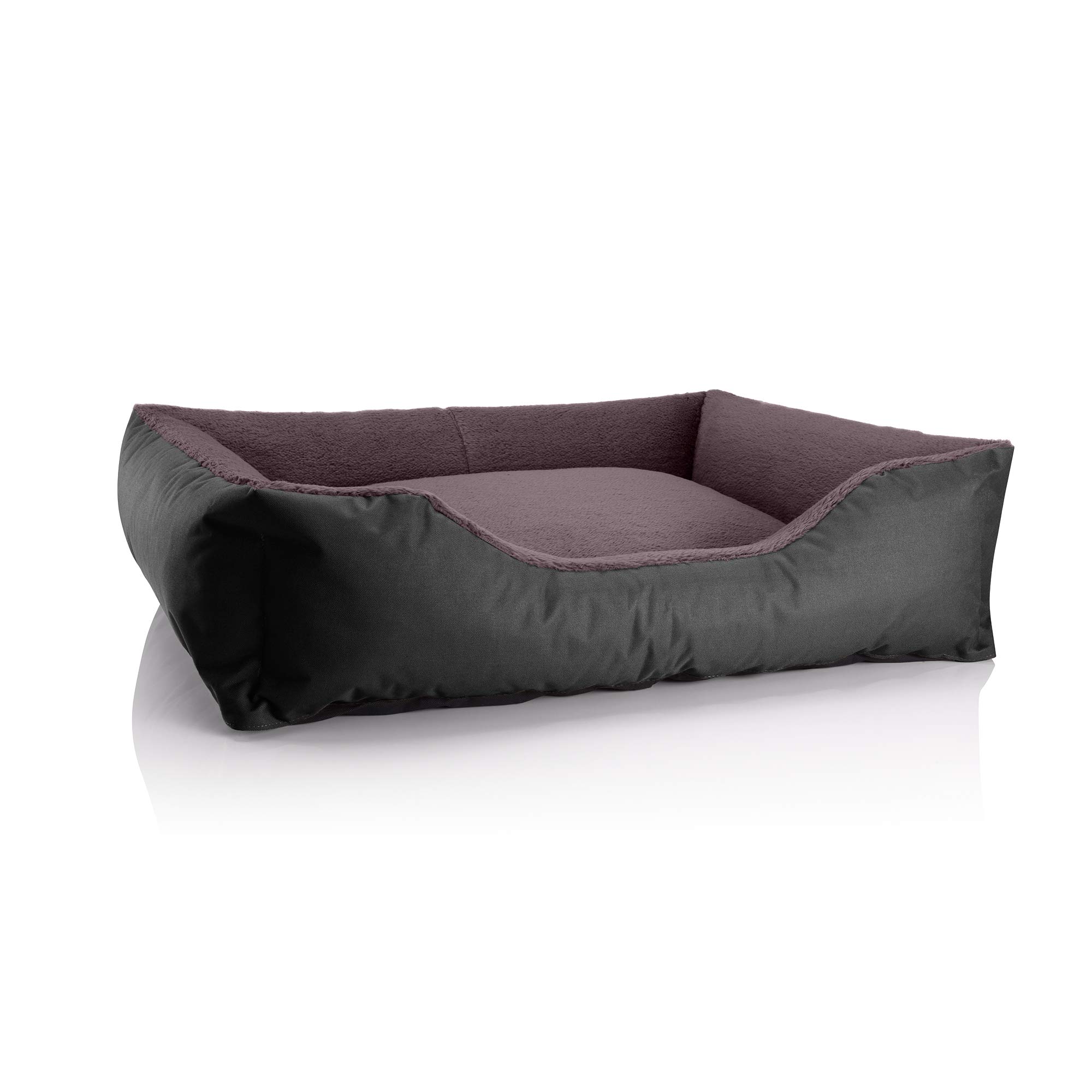 BedDog Teddy Dog Bed, Dog Sofa Made of Cordura and Microfibre Velour, Washable Dog Bed with Edge, Dog Cushion, Square, for Indoor, Outdoor, Size XL, Black/Brown