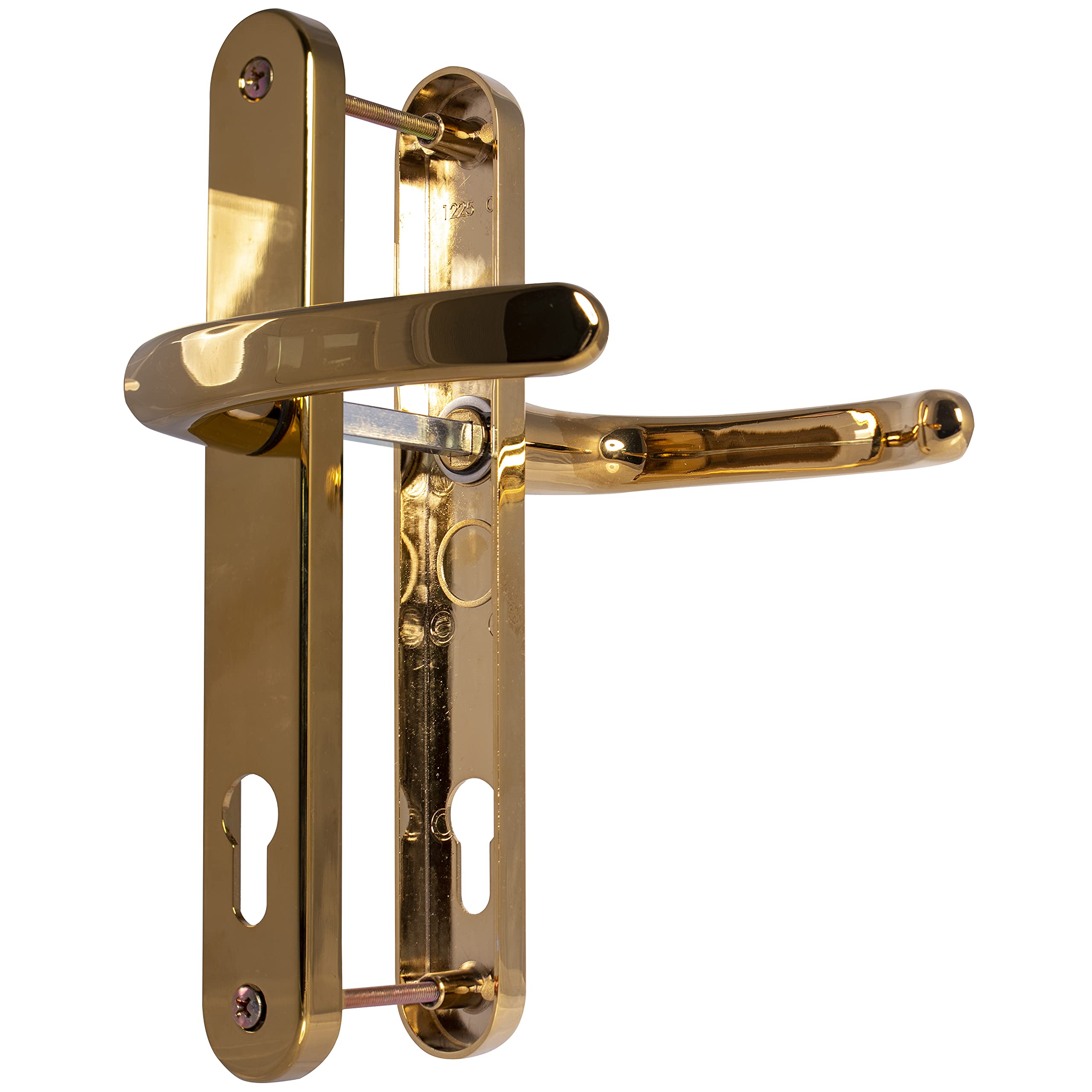 UPVC Door Handles - Polished Brass - Lever/Lever - 92mm PZ (Centres) - 210mm Screw to Screw - Backplate 242mm X 34mm - UPVC Door Handle - External Door Handle - Polished Brass Replacement Handles