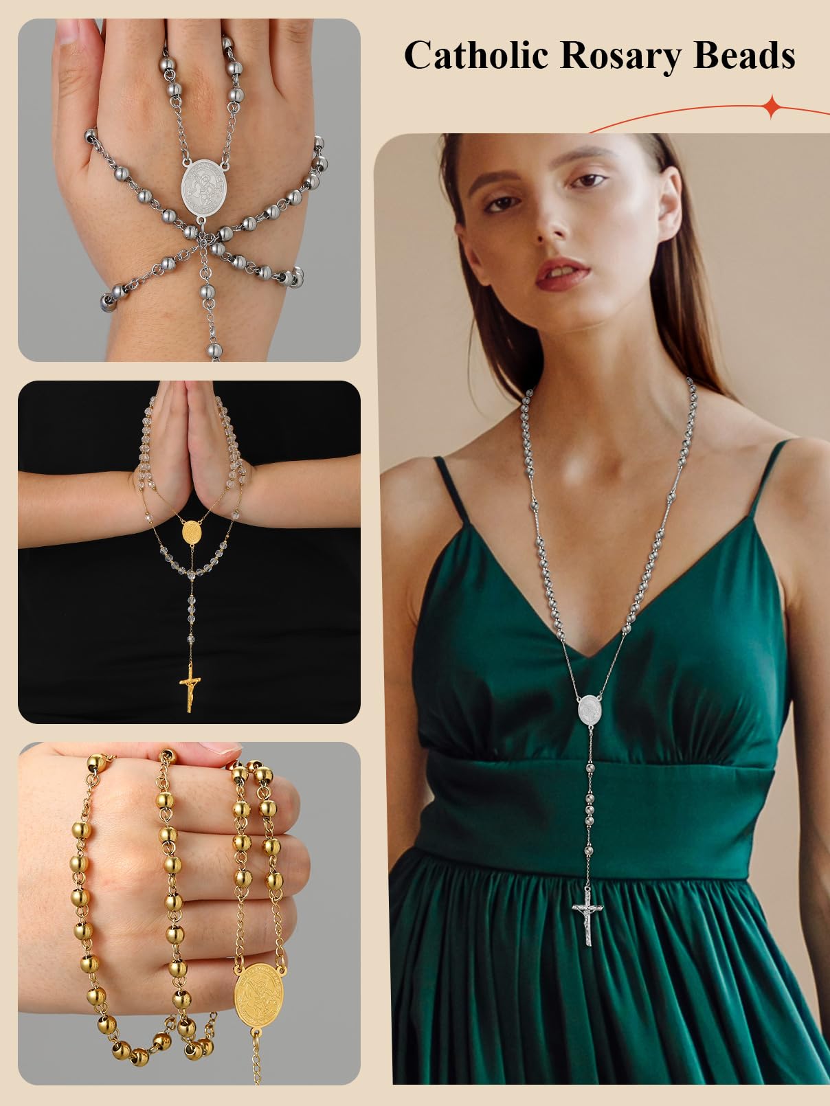 FaithHeart Rosary Beads Catholic Necklace for Men, St Michael/St Christopher/Virgin Mary Prayer Rosaries with Crucifix Cross Stainless Steel Praying Rosary Necklace