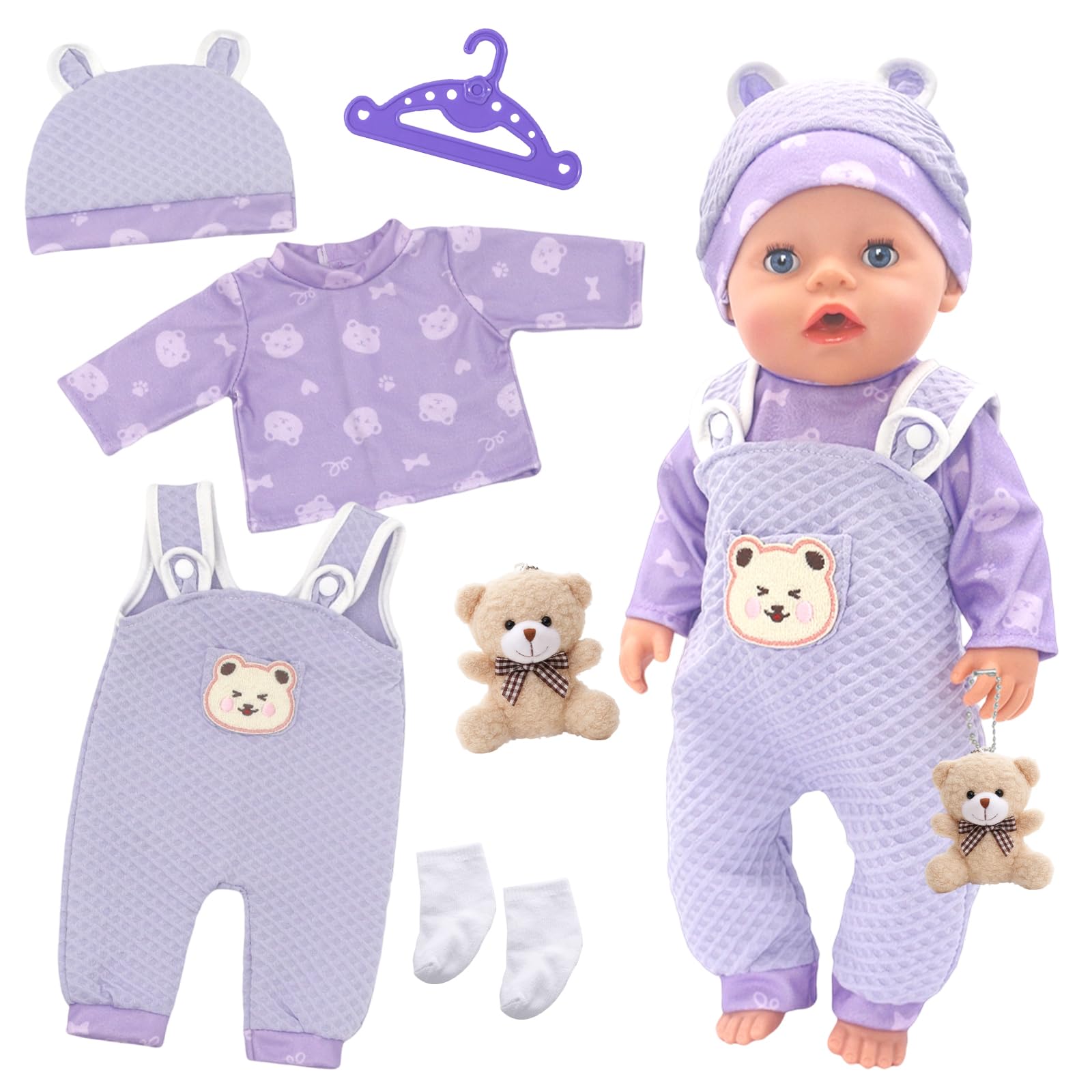 Baby Doll Clothes Set for 14–17 Inch Dolls, 6Pcs Purple Doll Outfit with Purple Top, Bear Overall, Bear Hat, White Socks, Doll Hanger & Charm, 35–43 cm Cute Doll Clothes Set, Gift for Kids