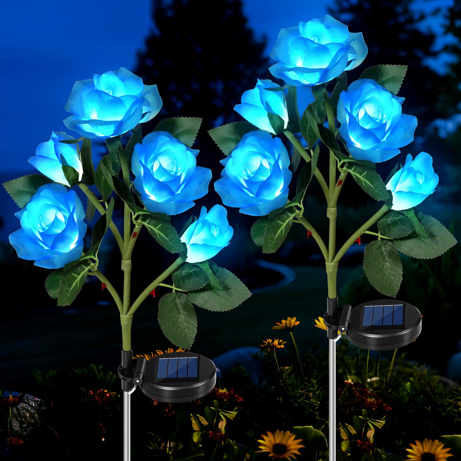 HELESIN Solar Lights Outdoor Garden Flowers - Waterproof Solar Powered Ornaments with 10 Brighter Blue Roses for Garden, Yard, Patio, Pathway — image 1