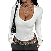 SOLY HUX Women's Deep V Neck Long Sleeve T Shirts Slim Fitted Crop Tees Layering Tops Fall Clothes