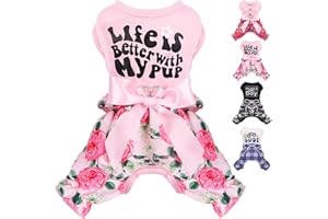 FURRYMONG Dog Pajamas Pink Floral for Small Dogs Soft Material Stretchable Dog Pajama Pjs Dog Apparel, Large