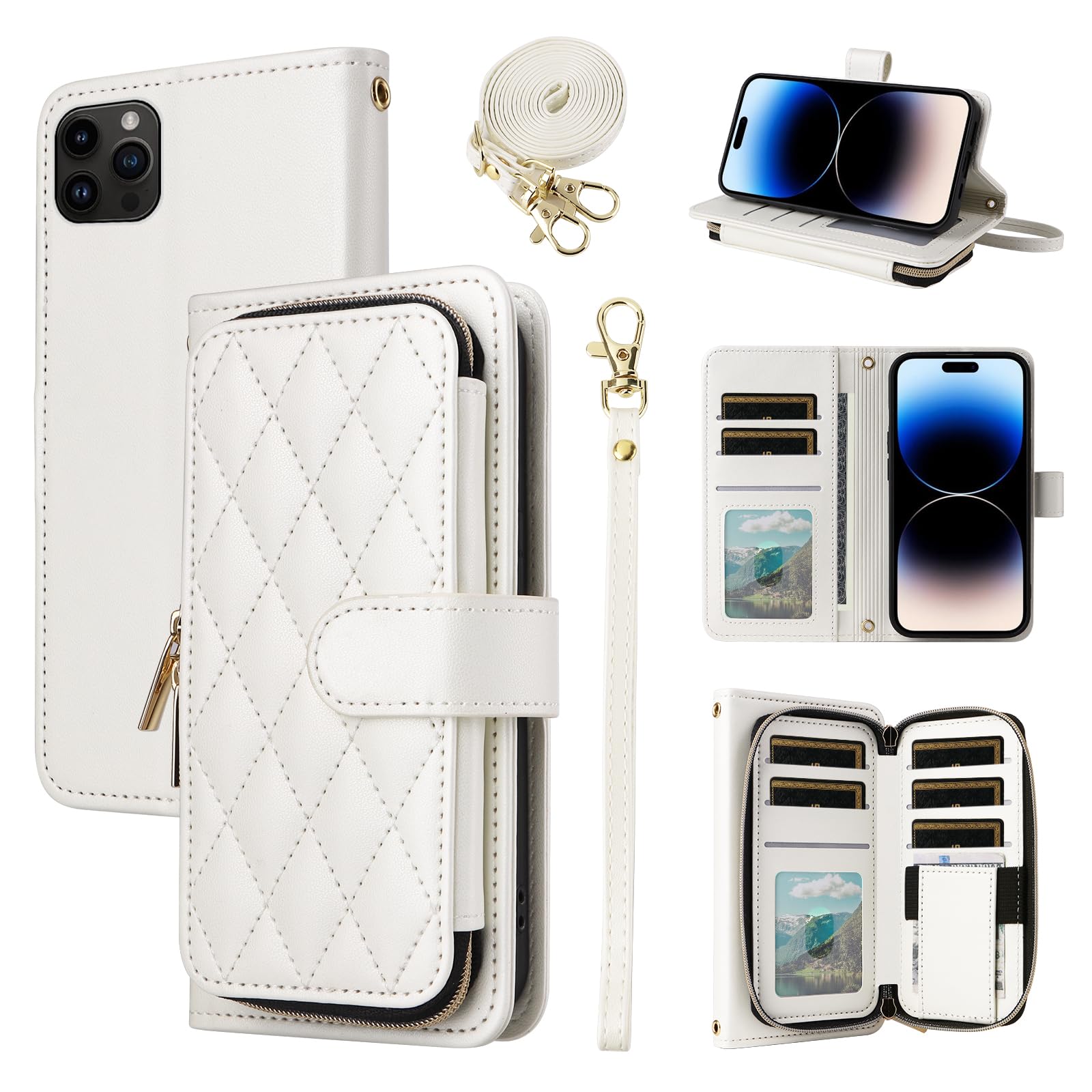 Furiet Argyle Wallet Case for iPhone 13 Pro 6.1 inch with Wrist Strap Shoulder Strap Zipper Purse, 9+ Card Slots Stand Checkered Phone Cover for iPhone13Pro 5G i i-Phone i13 iPhone13 13Pro White