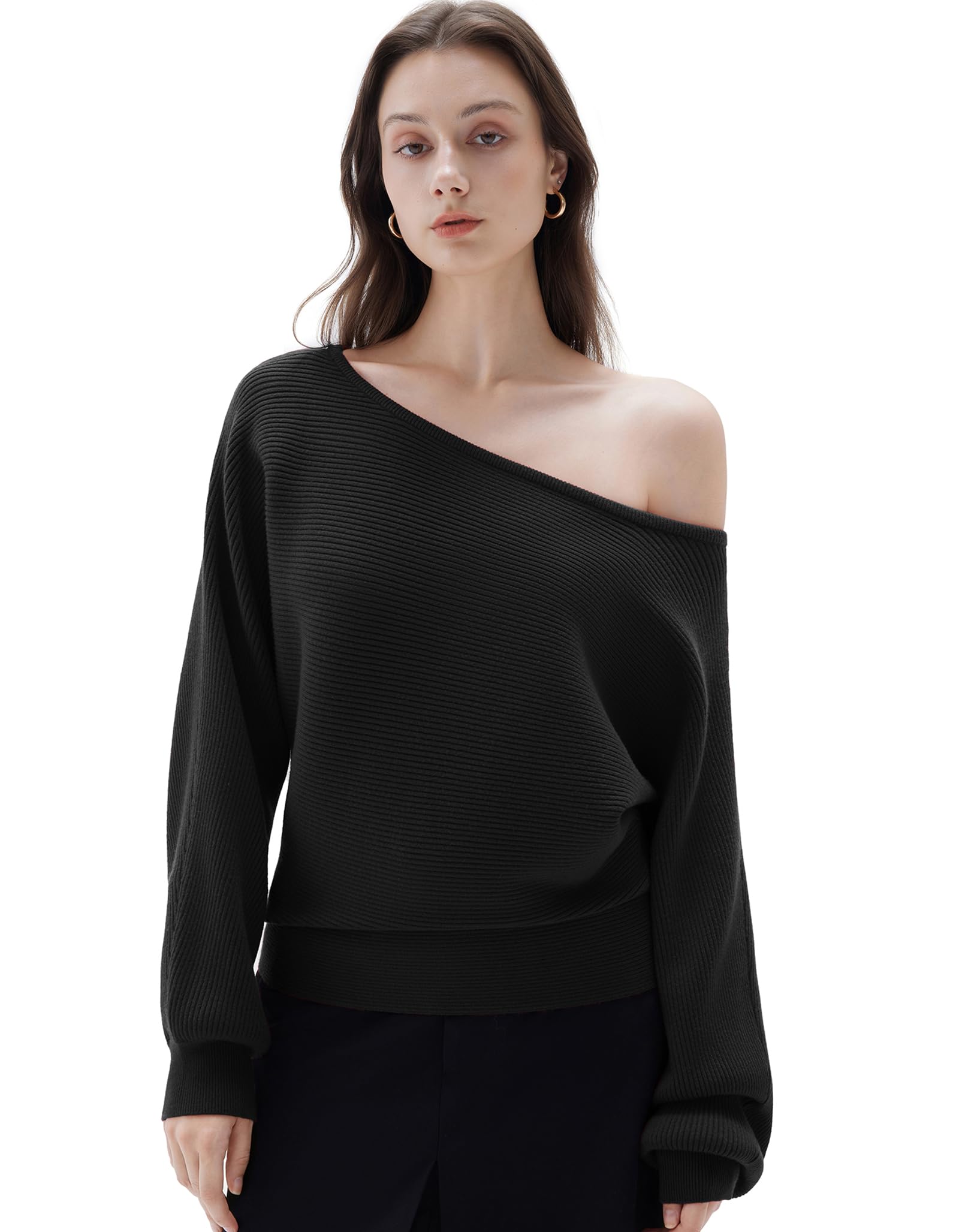 Photo 1 of **POSSIBLY RUNS SMALL ** SUUKSESS Women Cashmere Blend Oversized Off The Shoulder Pullover Sweaters Boat Neck Long Sleeve Knit Jumpers Tops Fall Fashion Outfits 2025 (Black, S)