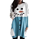 YMING Womens Christmas Round Neck Sweatshirt Long Sleeve Printed Shirt Dress Oversized Loose Fit Pullover Tops with Pockets
