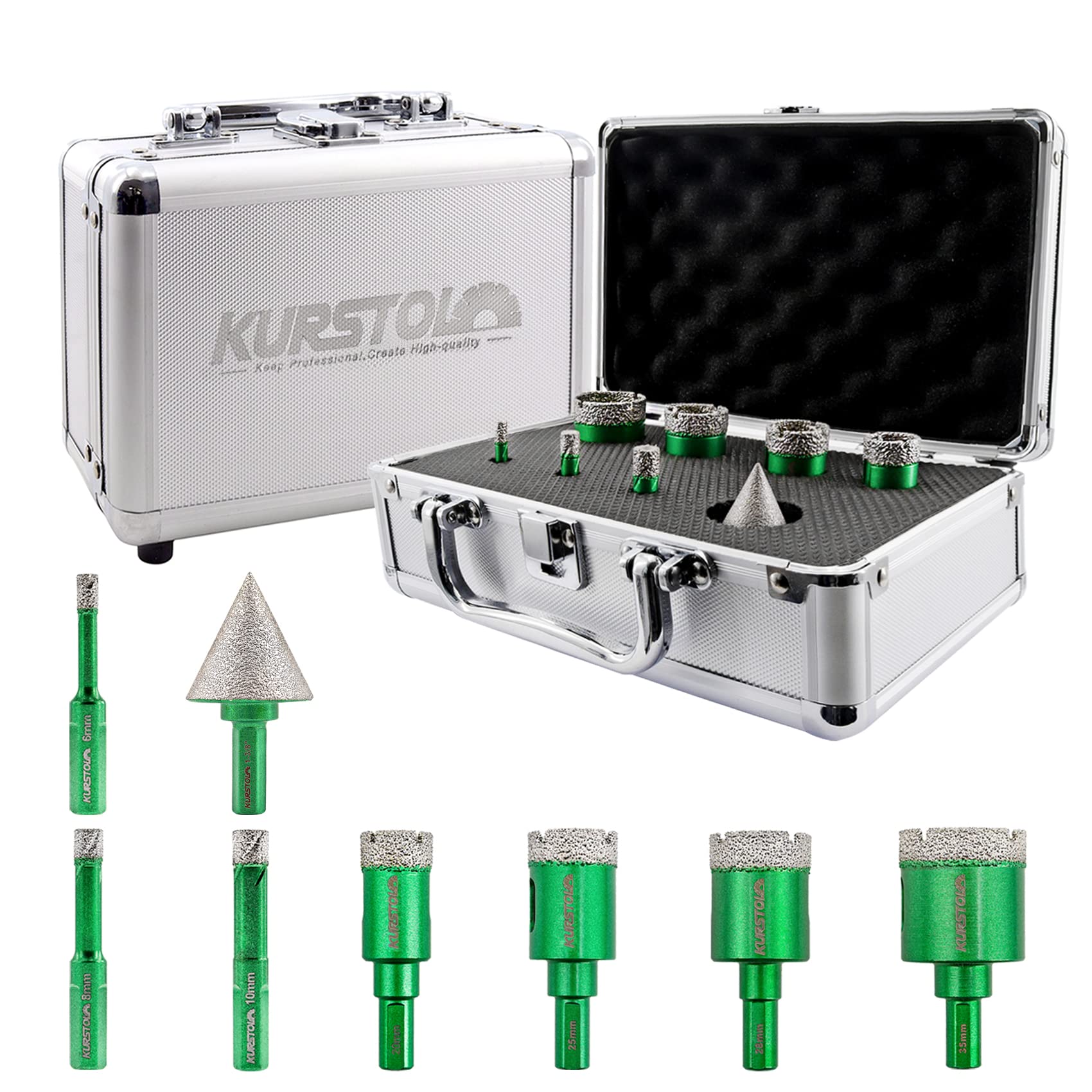 KURSTOL Diamond Core Drill Bit Kit - 6/8/10/20/25/28/35mm Triangle Shank+35mm Hex shank Beveling Chamfer Bit Tile Hole Saws for Dry Drilling Porcelain Ceramic Tile Granite Marble Stone — image 1