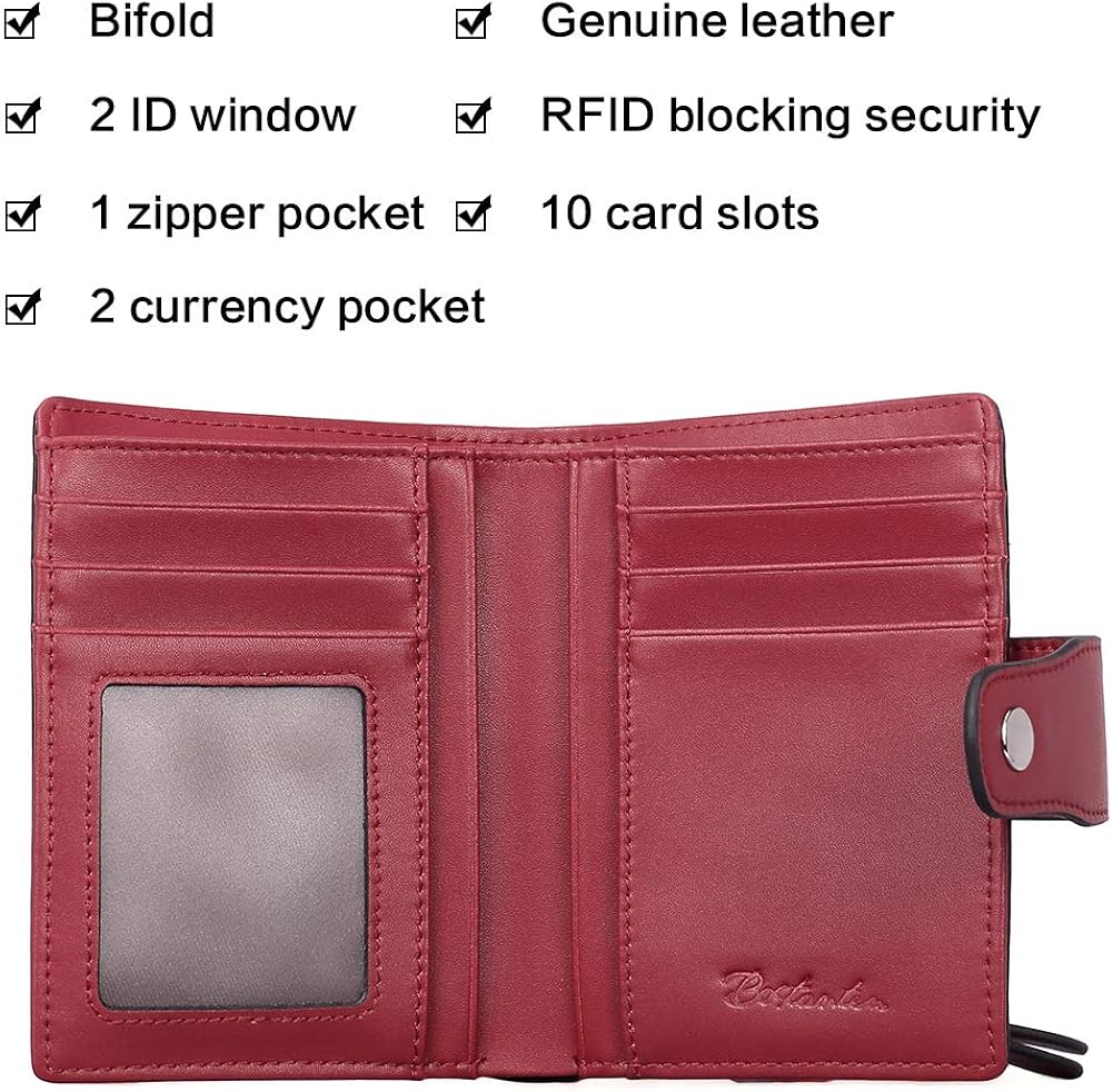 BOSTANTEN Women Leather Wallet RFID Blocking Small Bifold Zipper Pocket Wallet Card Case Purse with ID Window Wine Red