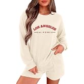 Ekouaer Women's Pajama Sets Long Sleeve Top &amp; Shorts Matching Lounge Set | Fall Outfits, 2026 2 Piece Loungewear, Stretchy Ribbed Fuzzy Sleepwear, Suitable Cozy Home Wear, Travel, Vacation, Airport