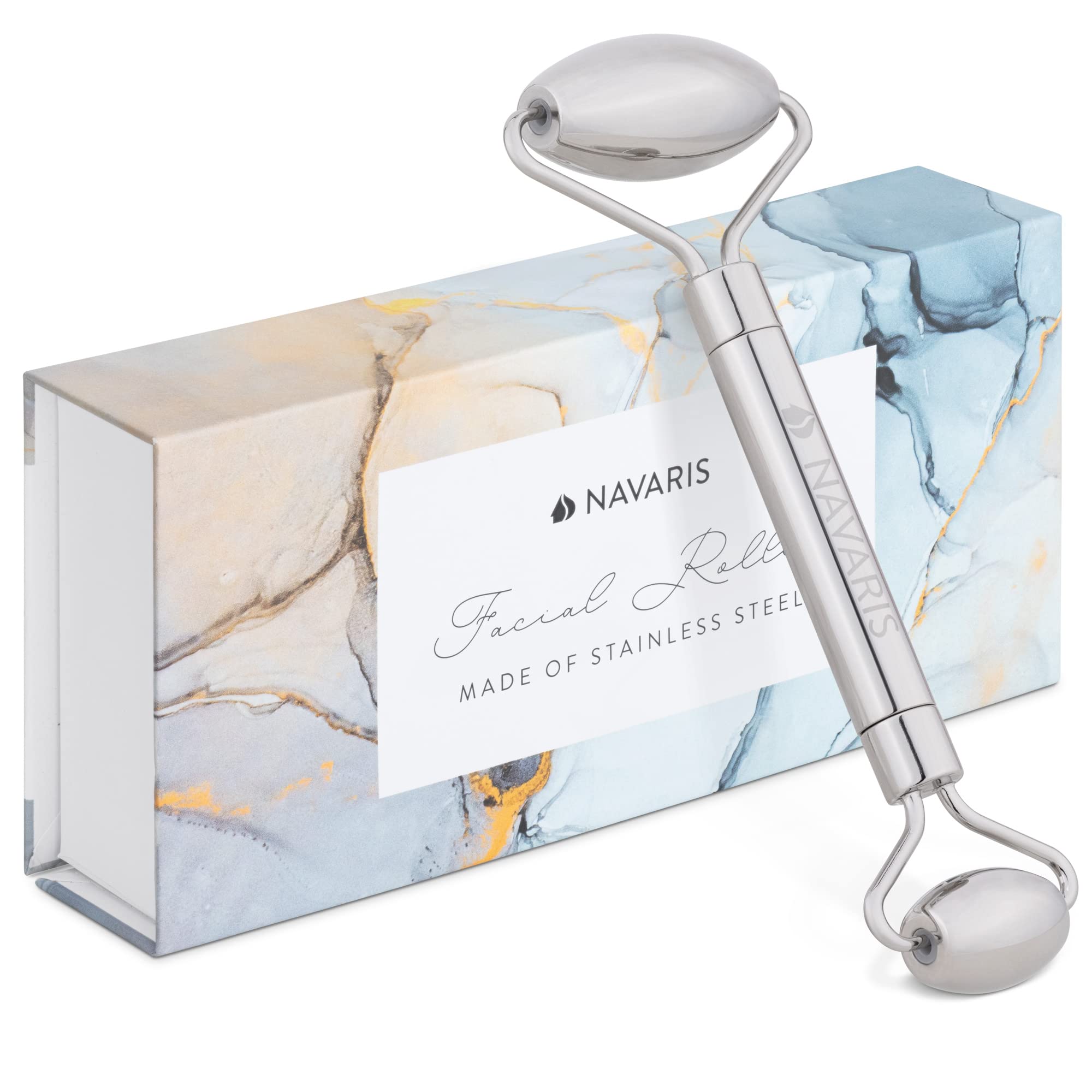 Navaris Stainless Steel Face Roller - Facial Massager Facial Roller - Double-Ended Tool with Large and Small Rollers - Beauty Skincare Cooling Skin