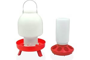 RUNADI Baby Chicken Feeder and Waterer Set - 9” Red Round 1 Liter Food Container with 11” Plastic 2.5 Liter No Waste Drink Tube - Heavy-Duty Chick Coop Accessory for Small Birds, Ducks, Poultry