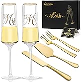 SEMONONIA Mr and Mrs Champagne Flutes, Wedding Cake Cutting Set of 6, Bride and Groom Champagne Glasses, Wedding Cake Knife and Server Set, Bridal Shower Gift, Engagement for Couple Newlyweds