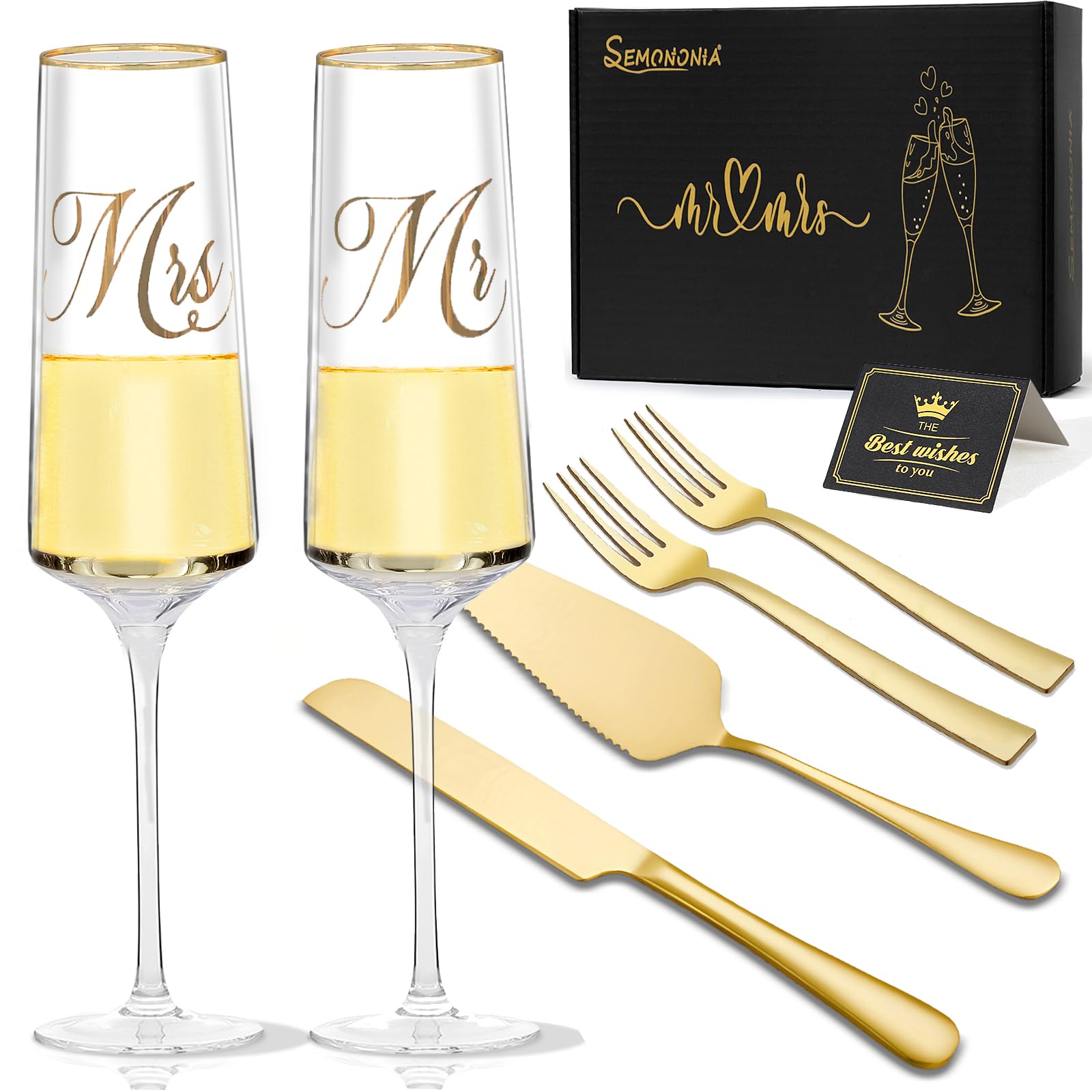 Photo 1 of SEMONONIA Mr and Mrs Champagne Flutes, Wedding Cake Cutting Set of 6, Bride and Groom Champagne Glasses, Wedding Cake Knife and Server Set, Bridal Shower Gift, Engagement for Couple Newlyweds
