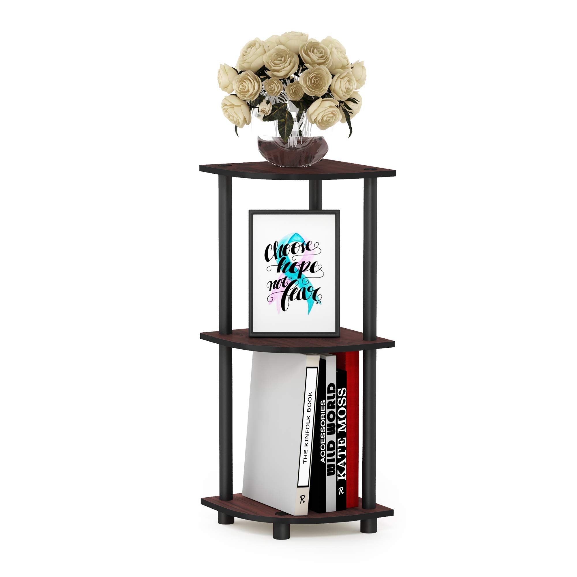 Furinno TURN-N-TUBE Corner Shelf, 3-Tier Corner Bookshelf, Display Storage Shelves with Open Shelves, for Organization and Storage, Living Room, Home Office, Garage, Dark Cherry