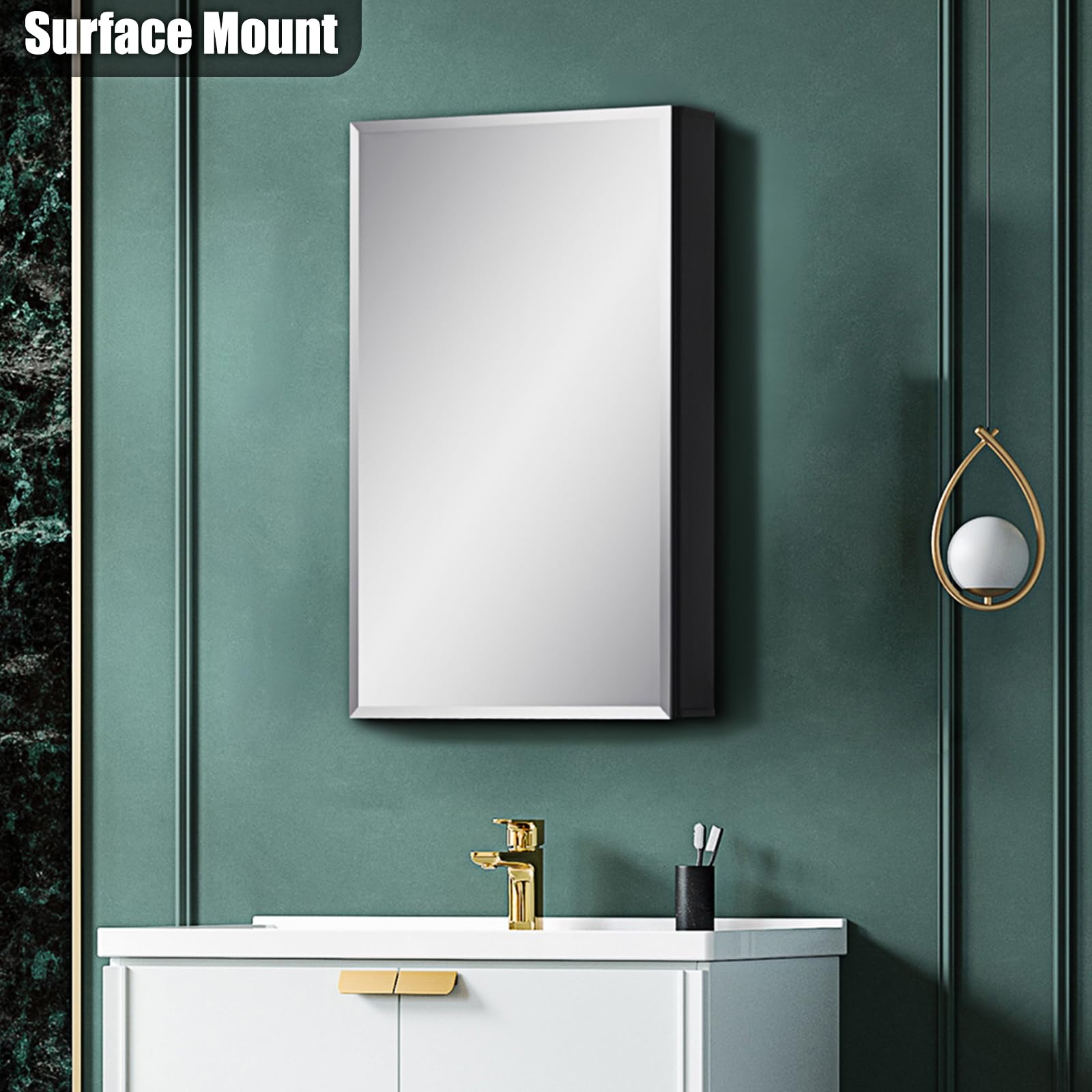 Fundin Medicine Cabinet 14 x 24 inches Mirror Size, Recessed or Surface Mount, Black Aluminum Bathroom Wall Cabinet with Mirror and Adjustable Shelves.