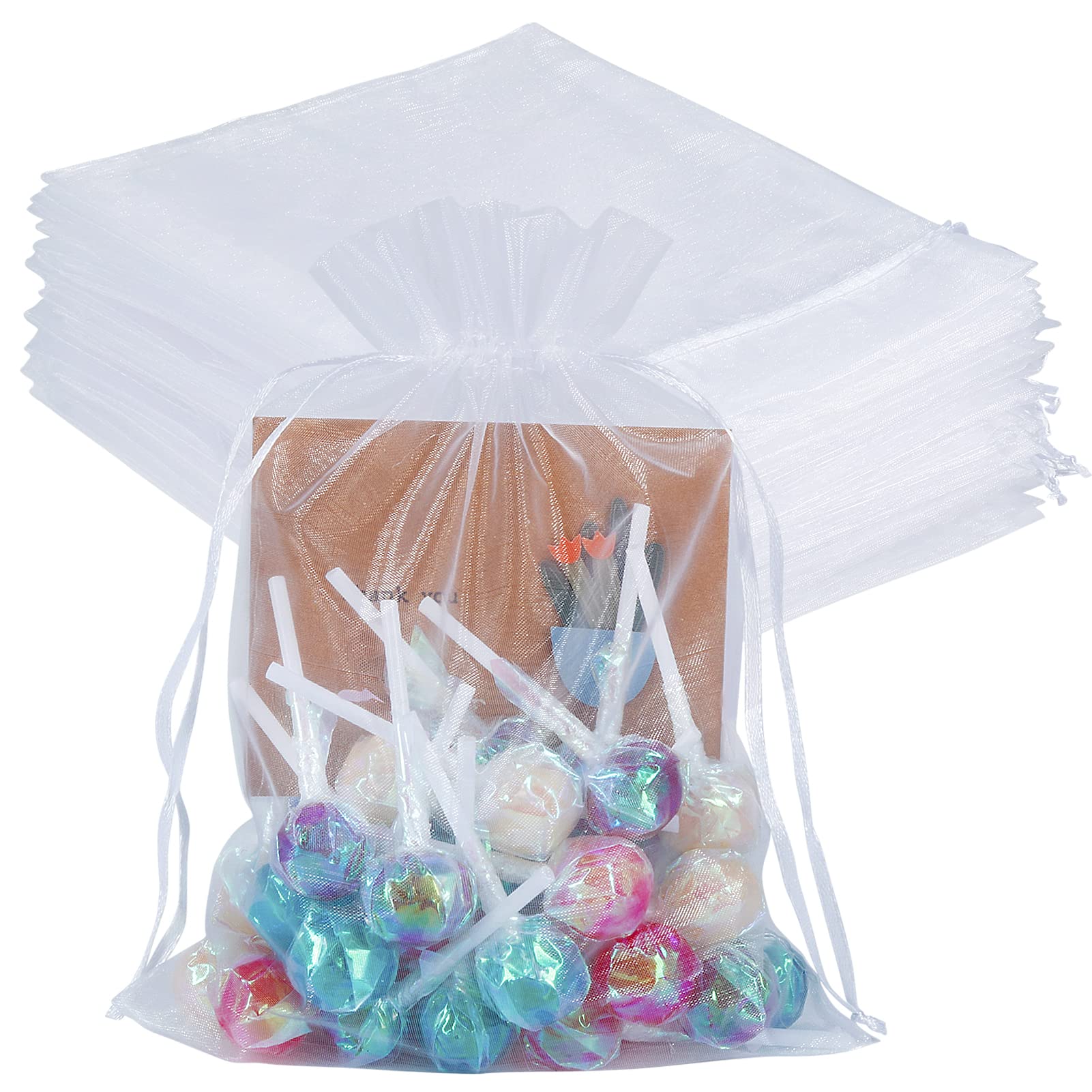 HRX Package 100pcs White Organza Bags Large, 16.5 x 22.5cm Drawstring Gift Bags Mesh Jewelry Pouches for Christmas Wedding Shower Party Favours