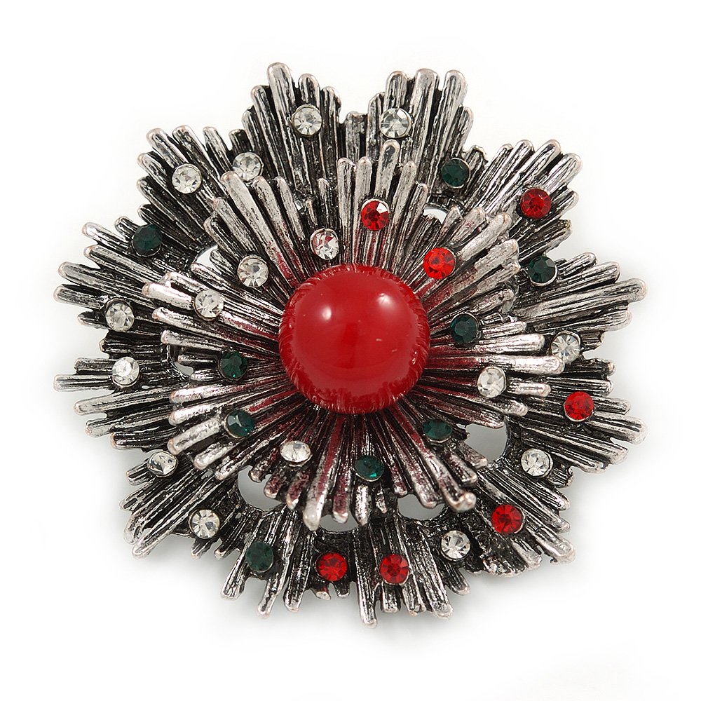 Vintage Inspired Red/Green/Clear Crystal Christmas Snowflake Brooch In Aged Silver Tone Metal - 45mm D